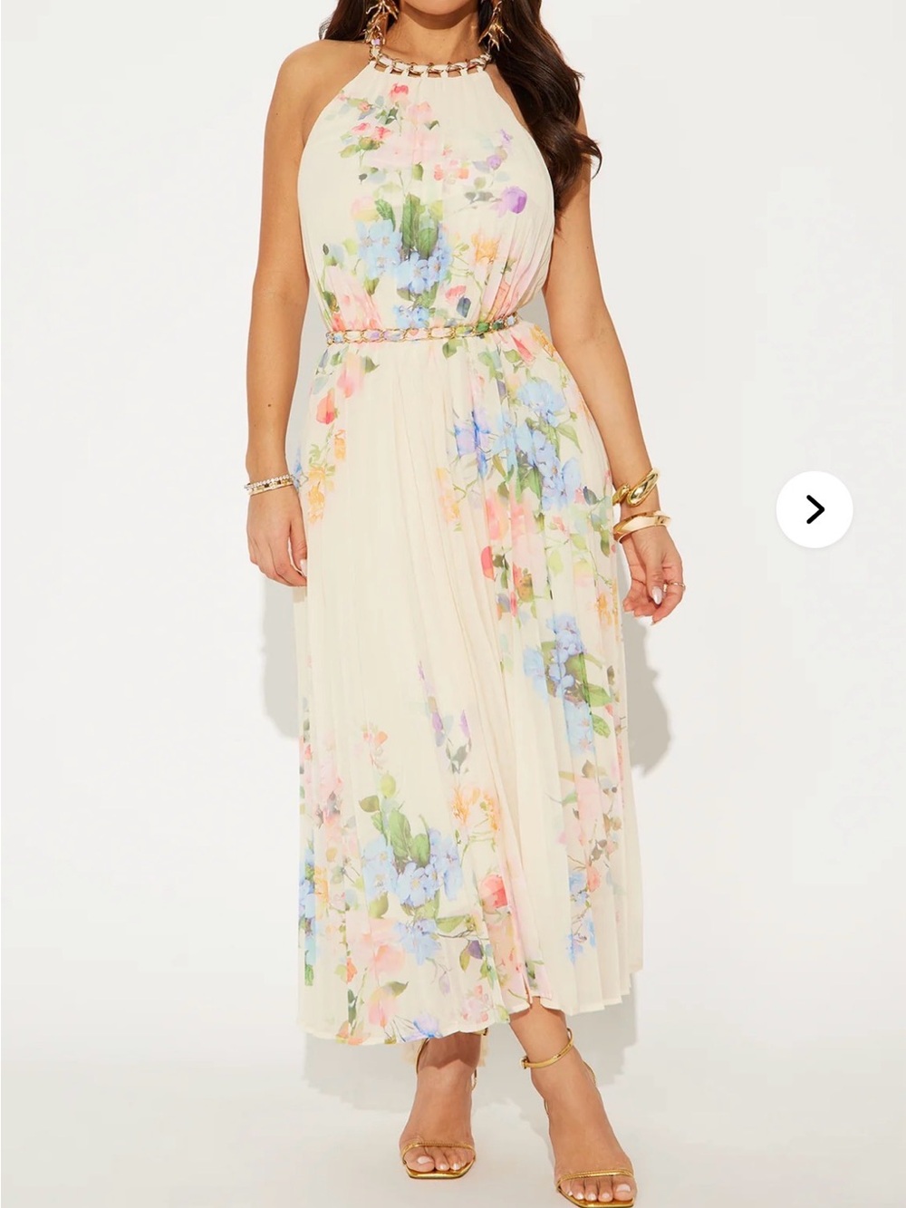 Fashion Nova Cream Floral Halter Pleated Maxi Dress
